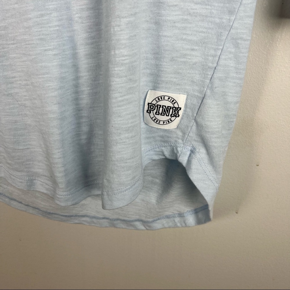 PINK VS Light Pastel Blue 3/4 Sleeve Varsity Fit Campus T-Shirt - Picture 3 of 5